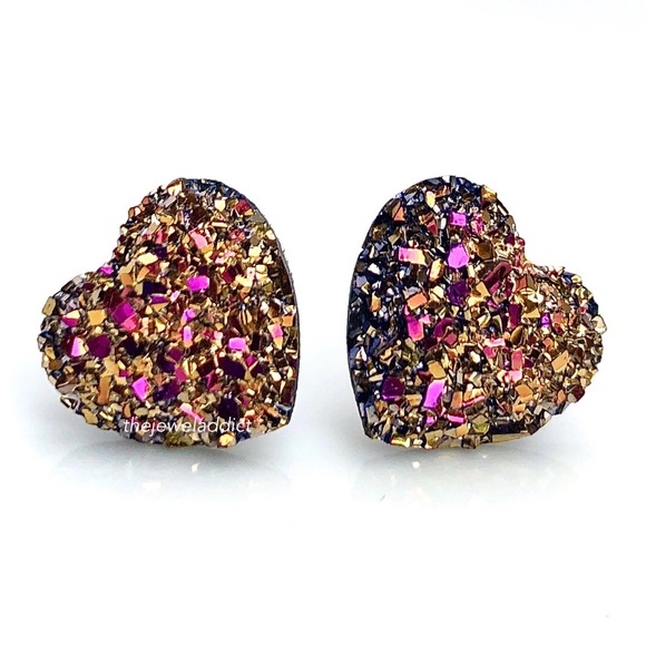 thejeweladdict Jewelry - 3 for 15🎀magenta gold Druzy style heart studs